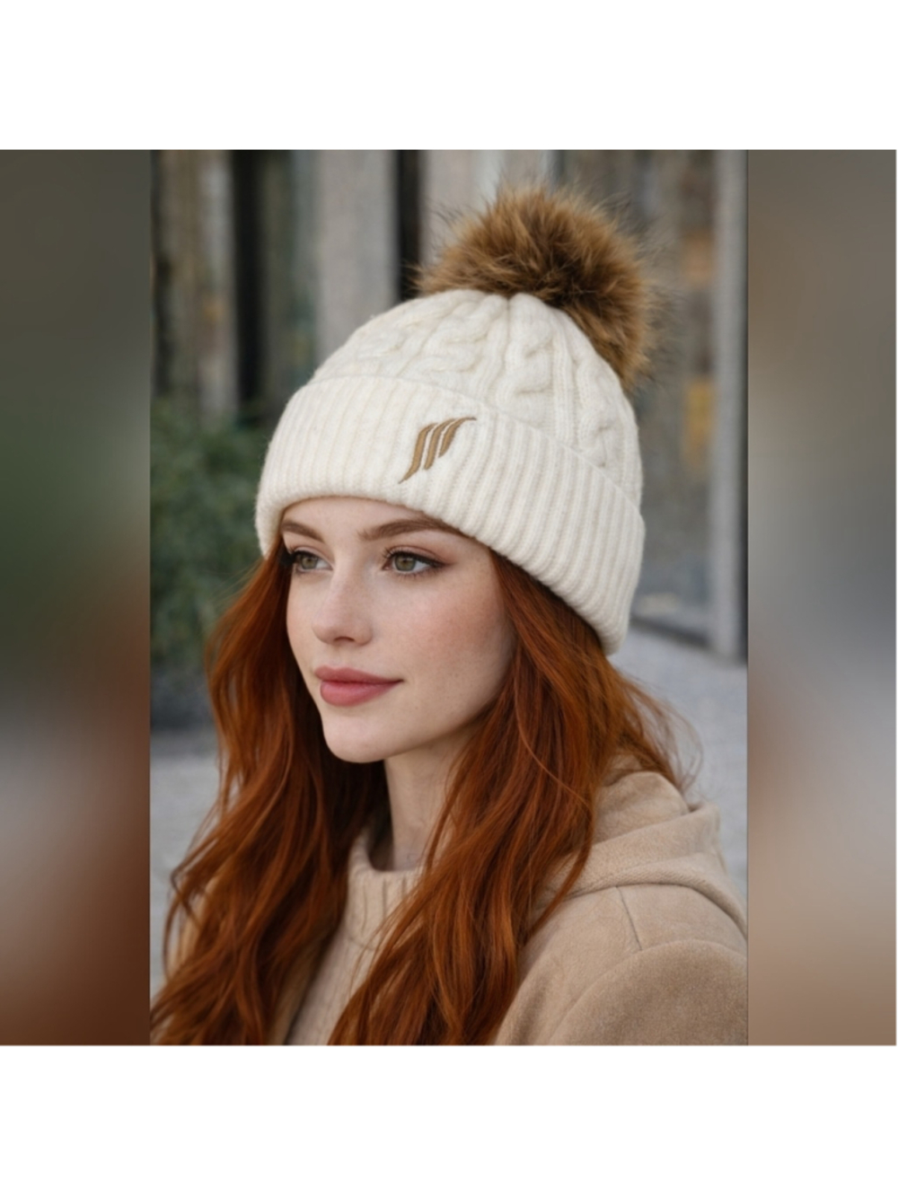 Cream Cable Knit Beanie with Faux Fur Pom